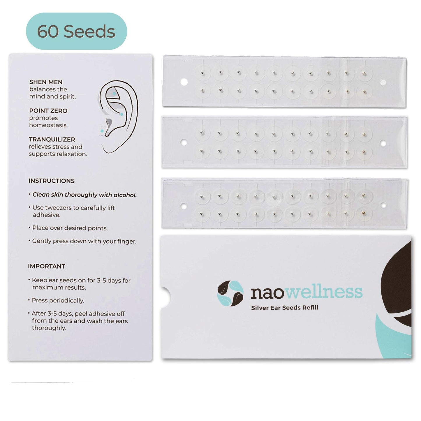 NAOWellness Silver Ear Seed Refill Pack – 3 Strips, 60 Adhesive Acupressure Seeds